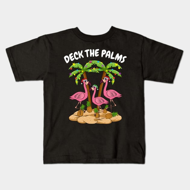 Deck The Palms Pink Flamingo Christmas Kids T-Shirt by silentsoularts